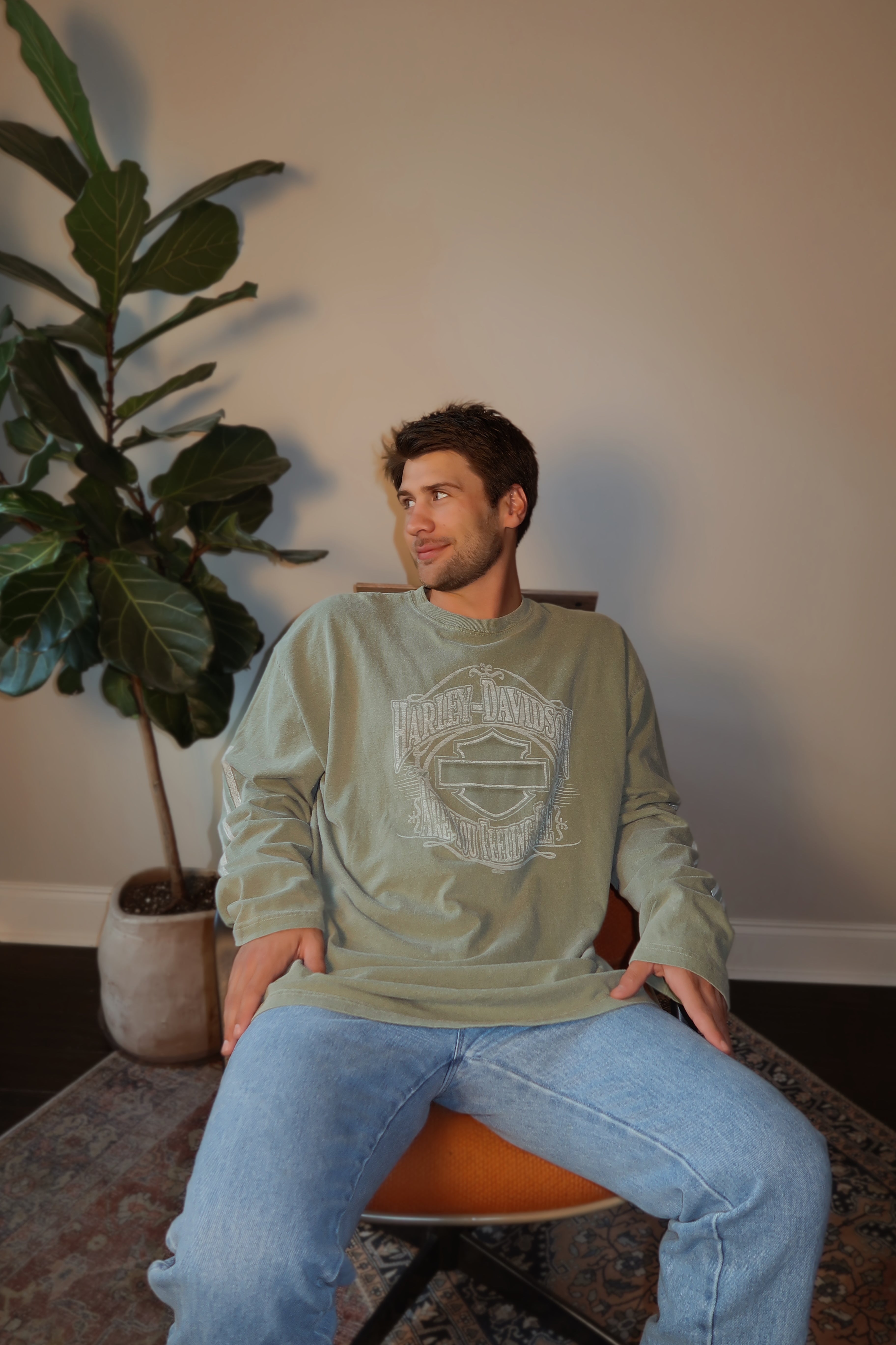 Vintage Sage Green Harley Davidson Long Sleeve